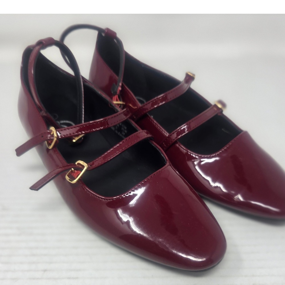 Trary Mary Jane Flats Womens 7 Burgundy Double Strap Pointed Toe Glossy 836